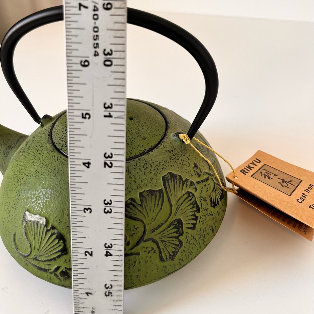 NWT Rikyu Japanese Green Cast Iron Teapot Kettle Gingko Leaf Design Infuser - Picture 11 of 11